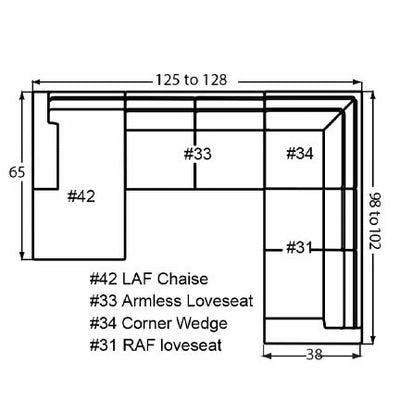 Layout H: Four Piece Sectional 65" x 125" x 98" (Size varies due to arm selection)