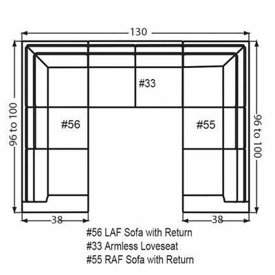 Layout P:  Three Piece Sectional 96" x 130" x 96"(Size varies due to arm selection)