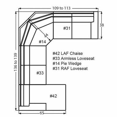 Layout S: Four Piece Sectional 65" x 136" x 109" (Size varies due to arm selection)