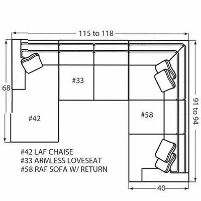 Layout G: Three Piece Sectional 68" x 115" x 91" (Size varies due to arm selection)
