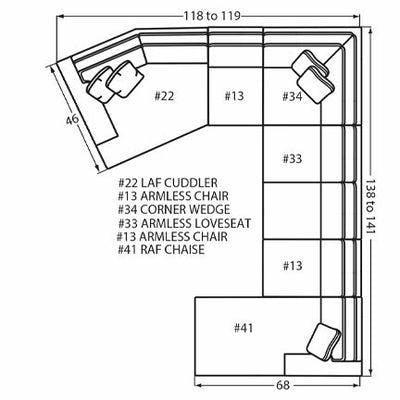 Layout J: Six Piece Sectional 118" x 138" x 68" (Size varies due to arm selection)